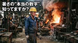 溶解炉の近くで汗をかきながら現場の暑さを確認する日本人の工場長。炉口のオレンジ光と熱ゆらぎが見える。