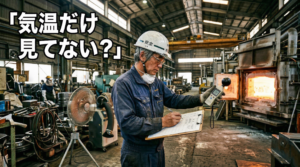 工場内でWBGT計を使って暑さ指数を測り、時刻と場所を記録する日本人の安全担当者