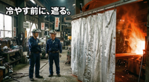 溶解炉と作業エリアの間に反射性の遮熱カーテンを設置し、作業者が炉前から距離を取っている工場内の様子。
