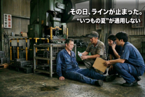 工場で体調不良の作業者を同僚と管理者が介抱。熱中症でライン停止につながる状況