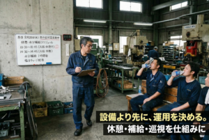 工場長が巡視し、休憩と水分塩分補給のルールを掲示して運用する現場。熱中症対策の仕組み化
