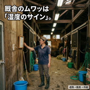 夏の厩舎通路で温湿度計を確認するスタッフ。馬房が並び、湿気がこもっている様子。