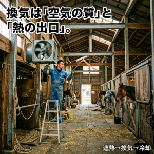 厩舎内で大型換気扇の近くに立ち、風の流れを確認する作業員。馬房が並び、空気を外へ逃がす設備が見える。
