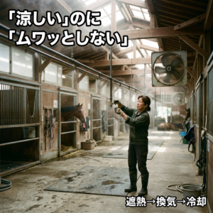 厩舎通路の天井配管に細霧ノズルが並び、送風機と併用してミストを運用している様子。スタッフがバルブを調整している。