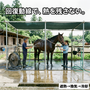 レッスン後の馬を洗い場で冷水で冷やし、近くの扇風機で送風してクールダウンしているスタッフの様子。