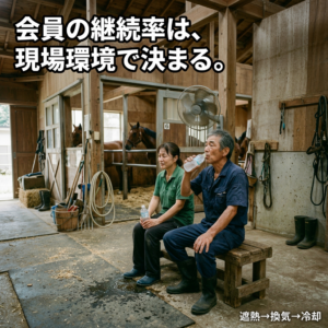 夏の屋内馬場で汗を拭うインストラクターと、汗で濡れた馬。空気がよどみ息苦しそうな雰囲気。