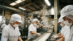 暑い食品工場内で作業する従業員と熱中症リスク