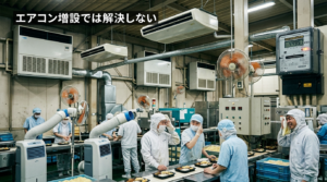 食品工場でエアコンが効かず高温になる作業環境