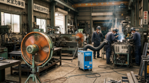 猛暑の工場内で汗だくで作業する製造業の従業員-熱中症リスク