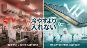 食品工場の暑さ対策を「冷やす」から「熱を入れない」へ転換するコンセプト比較図