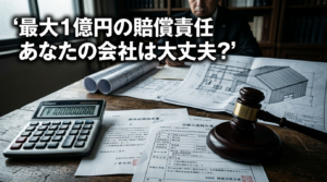 法廷風の重厚な雰囲気の中、工場の安全書類、高額な賠償金額を示す法的文書、計算機、小槌、熱中症事故報告書が配置された構図。企業の法的責任の重さを表現。