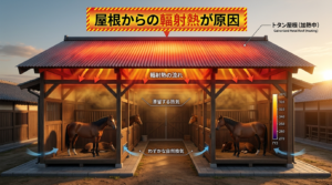 厩舎の屋根からの輻射熱が馬房内に伝わるメカニズムを示す図解