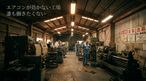 空っぽの日本の工場内部。折板屋根の下、数人の作業員が汗を拭きながら過酷な暑さに耐えている。壁には求人募集のポスター。人材不足を象徴する光景。