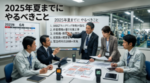 会議室で日本の工場経営チームが5ステップのアクションプランが書かれたホワイトボードを囲み、WBGT測定器、暑さ対策設計図、2025年6月までのカレンダーを確認する決断の瞬間。