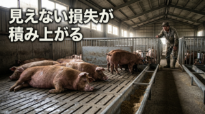 効果的な暑熱対策を実施した養豚場。健康な豚たちと満足そうな農場管理者。チェックリストを確認し、リスク低減に成功した明るい未来の養豚経営を表現。