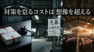 3分割画面で表現された工場の熱中症対策を怠ることによる3つのリスク。法的文書と裁判官の小槌、人手不足の空っぽな工場、暑さで苦しむ家畜を配置した警告的な構図。