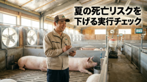 熱ストレスで衰弱した豚と心配そうに観察する作業員。給水器付近に集まる豚たち。養豚現場で起きる見えない経済損失を表現した写真。