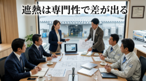 一級建築士と専門家が工場責任者に遮熱提案をプレゼンテーションする会議