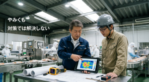工場の設備担当者がタブレットで熱分析データを確認しながら対策を協議