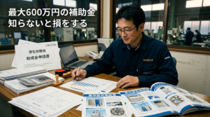 工場管理者がデスクで政府の補助金申請書類、設備カタログ、計算機、承認印、厚生労働省のロゴが見える資料を確認している。希望に満ちた戦略的なビジネスシーン。