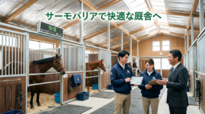 サーモバリア遮熱材を導入した乗馬クラブの快適な厩舎環境と満足するスタッフ