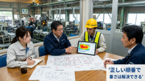 工場暑さ対策の計画会議 - 設備担当者が温度データを分析し改善策を検討する様子