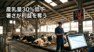 折板屋根の日本の畜舎内部。暑熱ストレスを受ける乳牛、稼働中の工業用扇風機、高温を示す温度監視機器、産乳量低下グラフを確認する酪農家の姿。