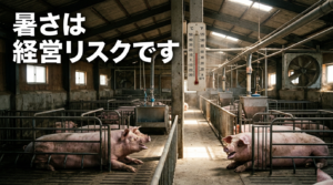 日本の養豚場で暑さに苦しむ豚たち。折板屋根の豚舎内で呼吸が荒い豚の様子を捉えたドキュメンタリー写真。夏の熱ストレスによる養豚経営リスクを表現。