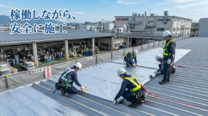 安全装備を着用した職人が稼働中の工場で遮熱シートを施工する様子