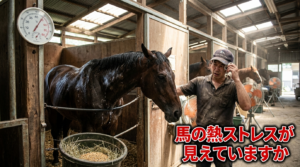 馬の熱ストレス症状と疲労したスタッフを示す乗馬クラブの暑さ問題