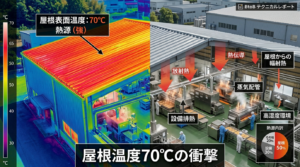 サーモグラフィで70℃を示す工場の折板屋根と熱源の分析図