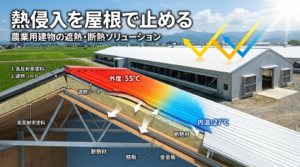 養豚場の屋根に遮熱シートを施工する専門業者。サーモバリア遮熱シートの設置作業と、施工前後の温度改善効果を示すビフォーアフター画像。