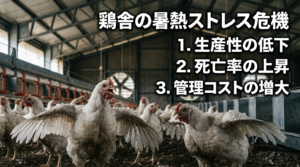 暑熱ストレスでパンティング行動を示すブロイラー鶏のクローズアップ