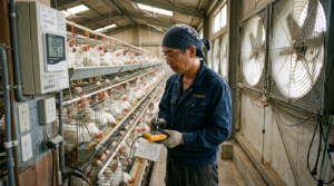 養鶏場で温度と湿度を測定する作業者