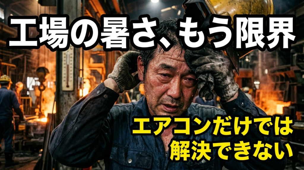 工場の極度の暑さに苦しむ作業員の顔のクローズアップ、汗を拭う様子