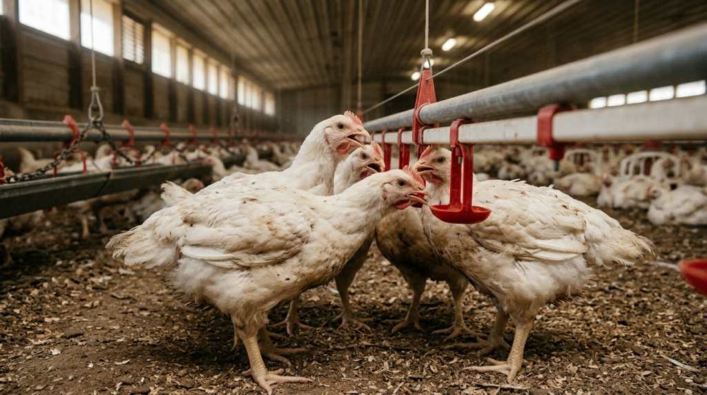 遮熱塗装や反射素材で処理された鶏舎の屋根、日射による熱侵入を防ぐ根本的な熱ストレス対策