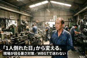 工場の熱中症対策を検討する日本人工場長。暑い作業場で危険な夏を感じる現場写真