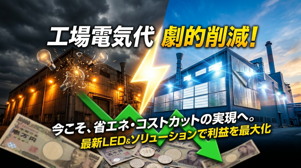 工場の電気代削減を表現したビジネスバナー。工業施設と省エネ効果を視覚的に表現
