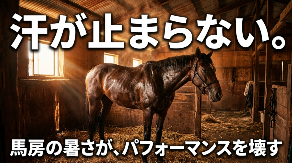 夏の馬房で大量発汗・暑熱ストレスに苦しむ馬｜馬房・厩舎の輻射熱対策でパフォーマンスを守る