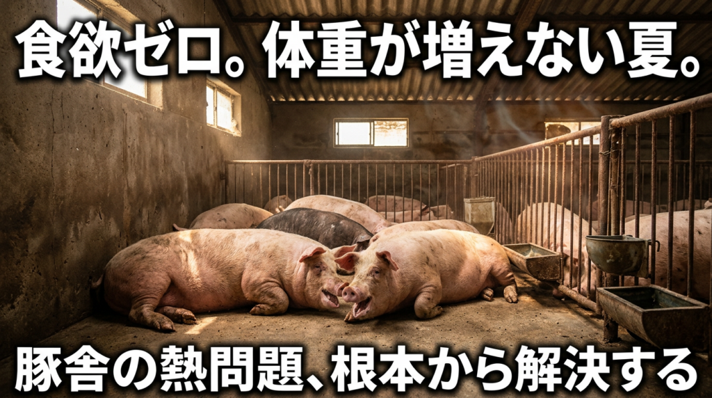 夏の豚舎でぐったり横たわる豚｜暑熱ストレスによる食欲低下・増体不良・受胎率低下の対策