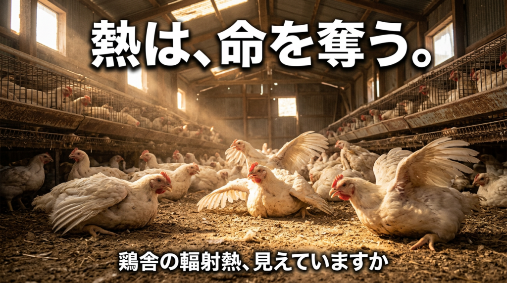 夏の鶏舎で暑熱ストレスにより衰弱する採卵鶏・肉用鶏｜鶏舎の輻射熱対策と大量死防止