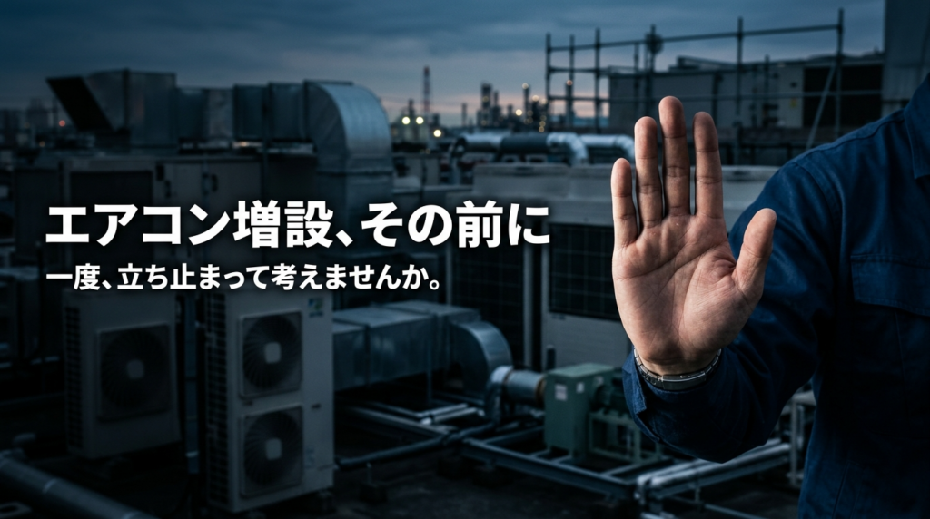 食品工場のエアコン増設を止める手のジェスチャーと工業用空調設備、暑さ対策の見直しを促すバナー画像