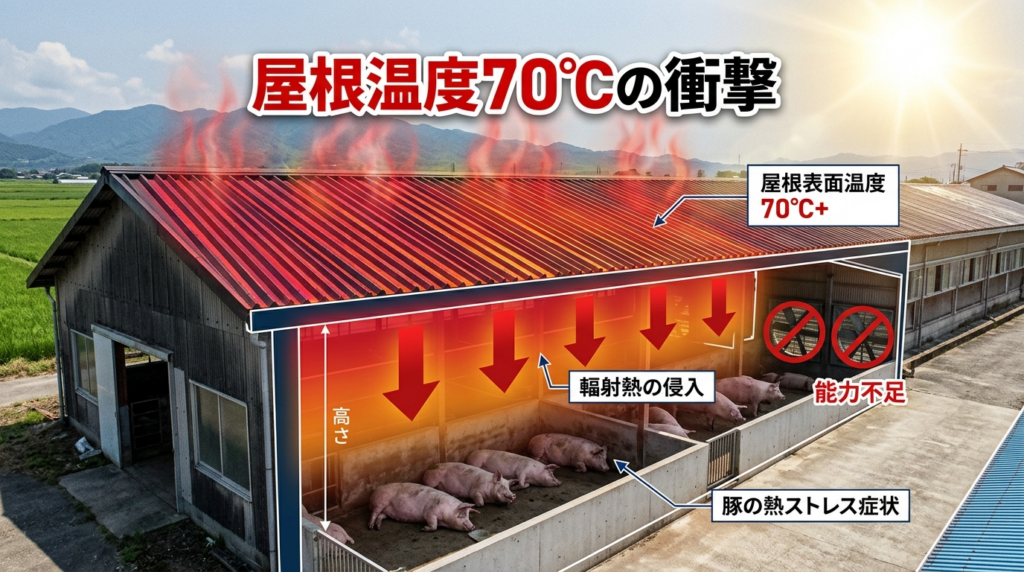 折板屋根から豚舎内へ侵入する熱のメカニズムを表現。屋根表面温度70℃の高温状態と、天井から輻射熱が降りてくる様子を断面図で解説。