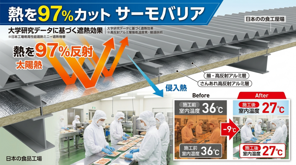 サーモバリア遮熱シートによる折板屋根の輻射熱97%カット効果を示す技術断面図