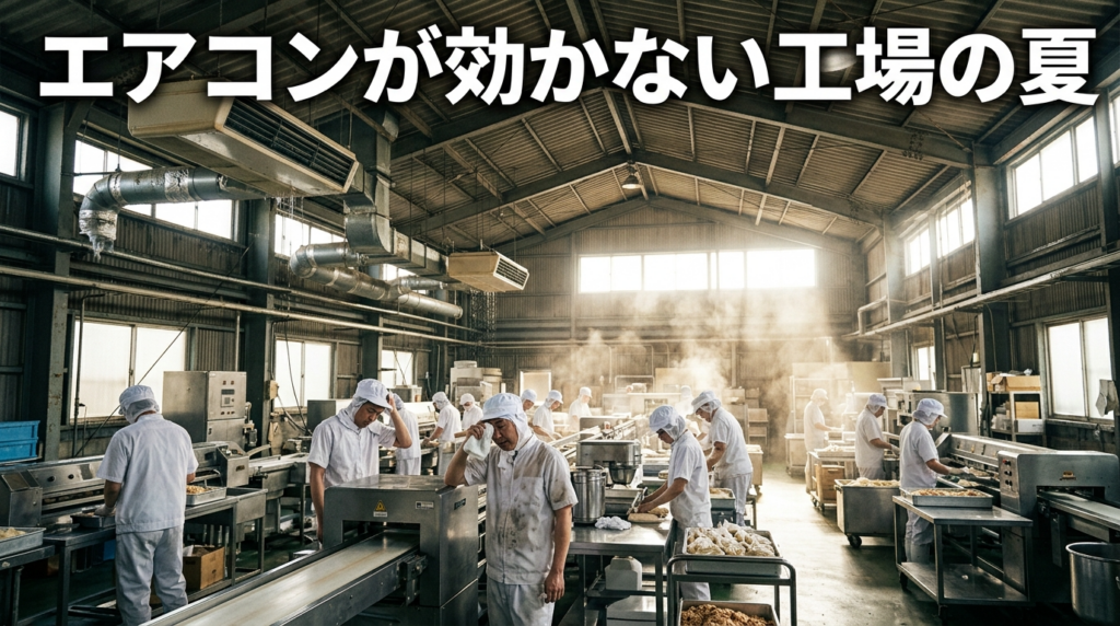 夏の食品工場内部で暑さに苦しむ作業員と折板屋根の様子