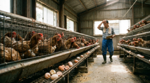 夏の暑さで採卵率が低下した養鶏場の鶏舎内部