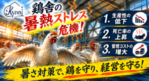 鶏舎内で多くの鶏が暑さによるストレスを受けている様子を描いたイラスト。鶏舎の暑熱環境が生産性低下、死亡率上昇、管理コスト増大につながるリスクを表現した画像。