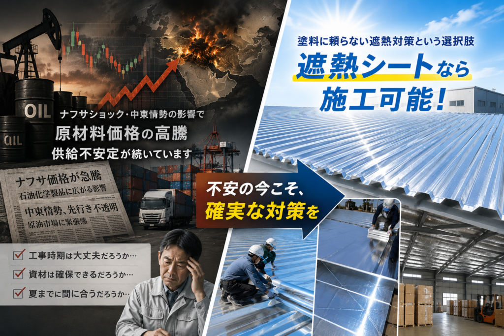ナフサショックや中東情勢による原材料価格高騰・供給不安を背景に、遮熱シートによる暑さ対策を紹介するイメージ画像。左側は物流や資材供給への影響、右側は遮熱シート施工と明るい未来を表現している。
