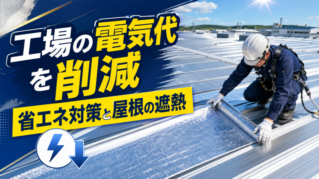 工場の金属屋根に遮熱シートを施工する作業員と「工場の電気代を削減」の見出し
